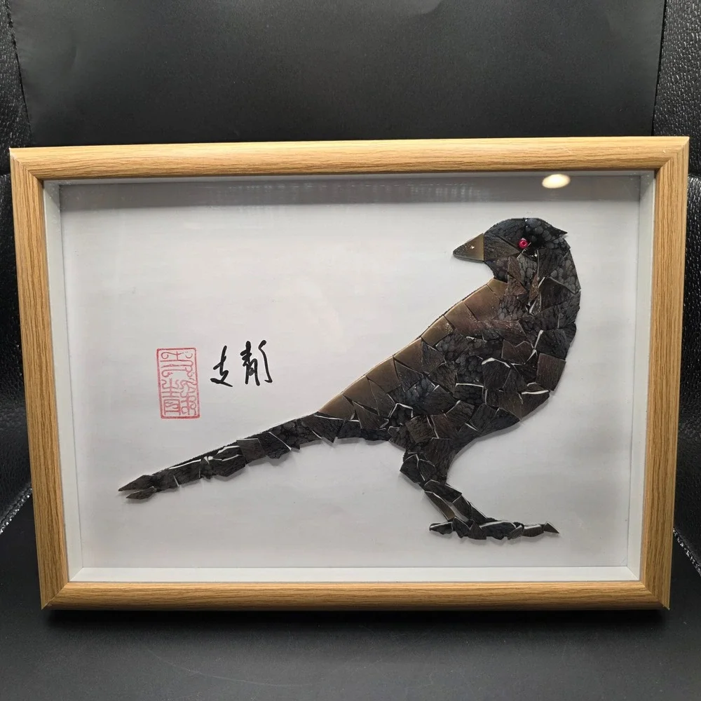 Handmade Mosaic Bird Art Framed Mixed Media Shard Wall Decor Signed with Seal